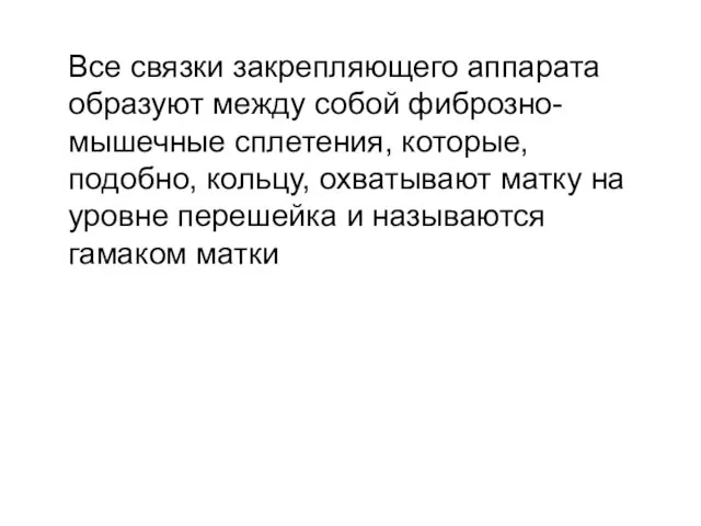 Все связки закрепляющего аппарата образуют между собой фиброзно-мышечные сплетения, которые, подобно,