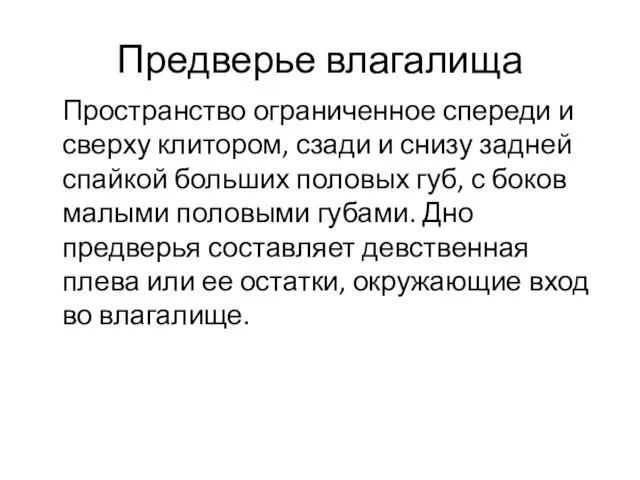 Предверье влагалища Пространство ограниченное спереди и сверху клитором, сзади и снизу