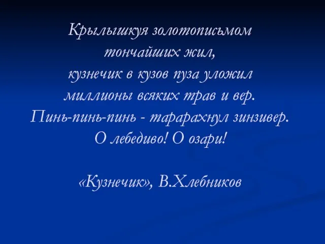 Крылышкуя золотописьмом тончайших жил, кузнечик в кузов пуза уложил миллионы всяких