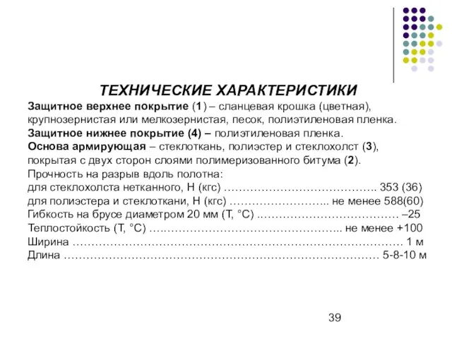 ТЕХНИЧЕСКИЕ ХАРАКТЕРИСТИКИ Защитное верхнее покрытие (1) – сланцевая крошка (цветная), крупнозернистая