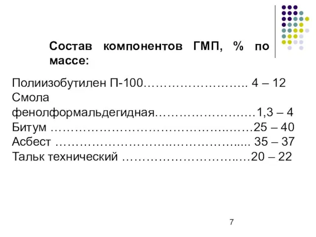 Состав компонентов ГМП, % по массе: Полиизобутилен П-100…………………….. 4 – 12