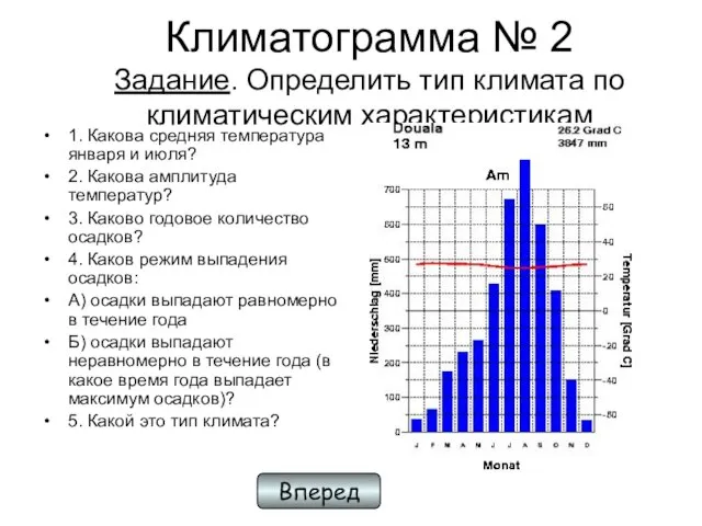 Климатограмма № 2 Задание. Определить тип климата по климатическим характеристикам 1.