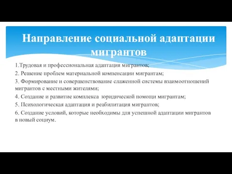 1.Трудовая и профессиональная адаптация мигрантов; 2. Решение проблем материальной компенсации мигрантам;