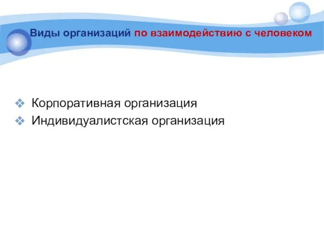 Виды организаций по взаимодействию с человеком Корпоративная организация Индивидуалистская организация