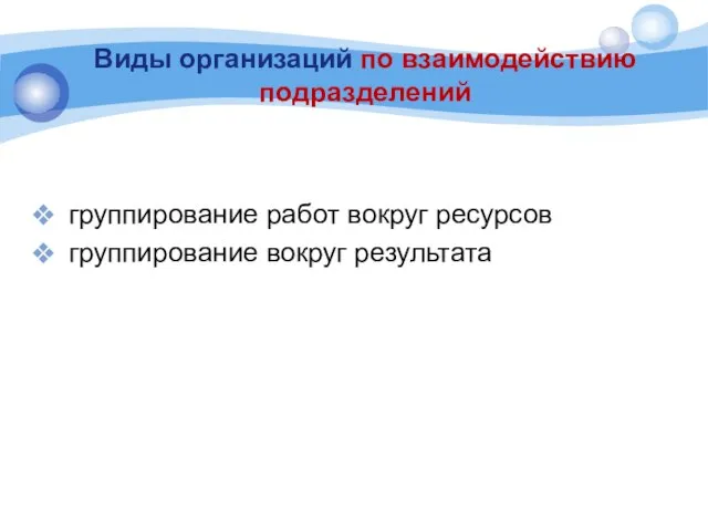 Виды организаций по взаимодействию подразделений группирование работ вокруг ресурсов группирование вокруг результата