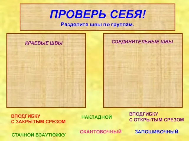 ПРОВЕРЬ СЕБЯ! Разделите швы по группам. КРАЕВЫЕ ШВЫ СОЕДИНИТЕЛЬНЫЕ ШВЫ ВПОДГИБКУ