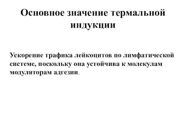 Основное значение термальной индукции Ускорение трафика лейкоцитов по лимфатической системе, поскольку