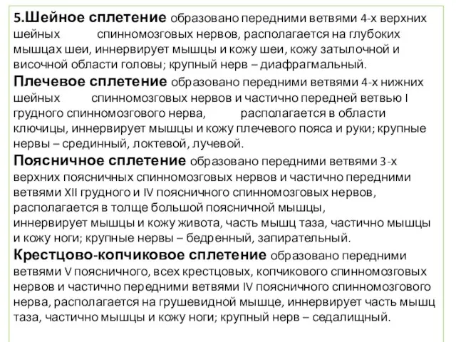 5.Шейное сплетение образовано передними ветвями 4-х верхних шейных спинномозговых нервов, располагается