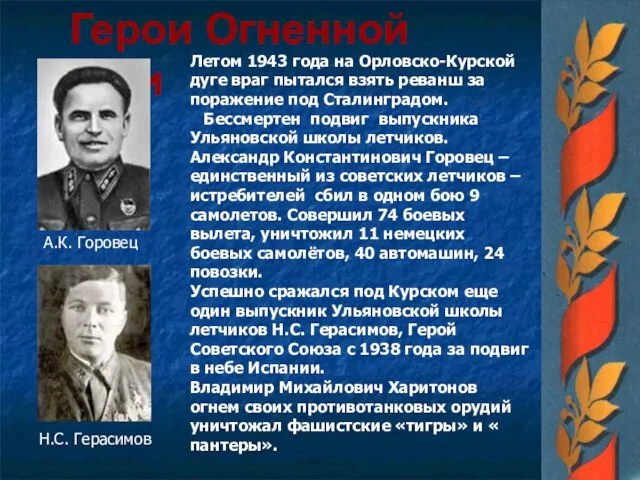 Герои Огненной дуги Летом 1943 года на Орловско-Курской дуге враг пытался
