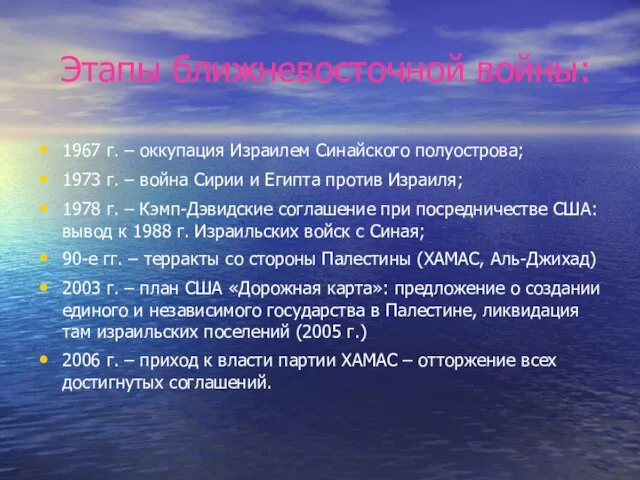 Этапы ближневосточной войны: 1967 г. – оккупация Израилем Синайского полуострова; 1973