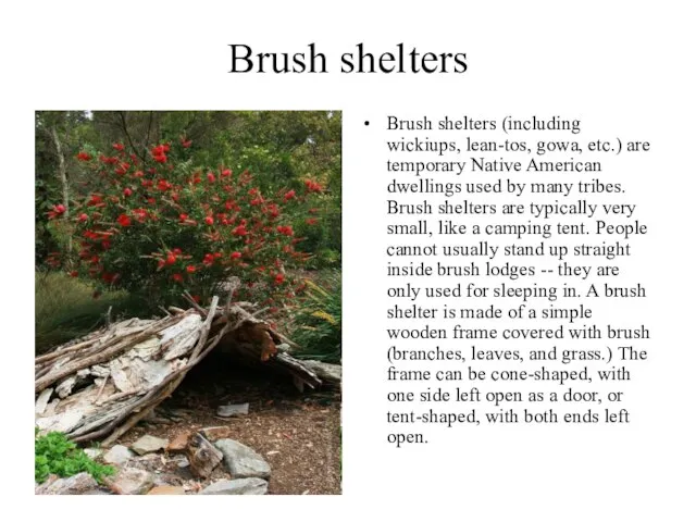 Brush shelters Brush shelters (including wickiups, lean-tos, gowa, etc.) are temporary