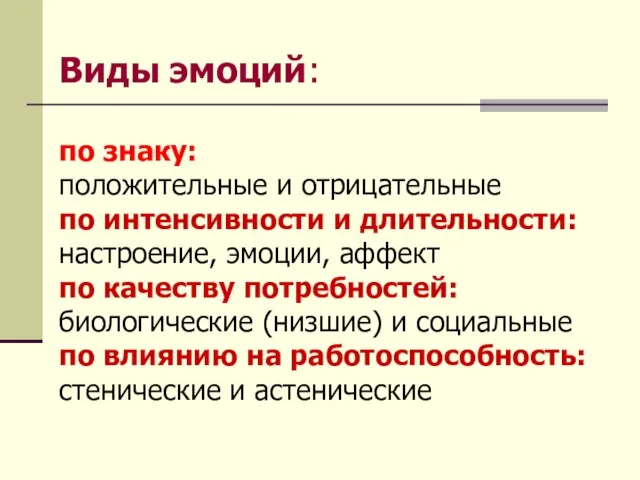 Виды эмоций: по знаку: положительные и отрицательные по интенсивности и длительности: