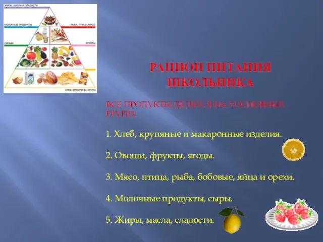 РАЦИОН ПИТАНИЯ ШКОЛЬНИКА ВСЕ ПРОДУКТЫ ДЕЛЯТСЯ НА 5 ОСНОВНЫХ ГРУПП: 1.