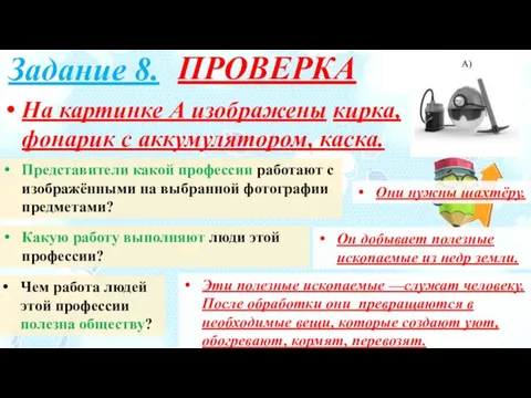 ПРОВЕРКА Задание 8. Какую работу выполняют люди этой профессии? Он добывает