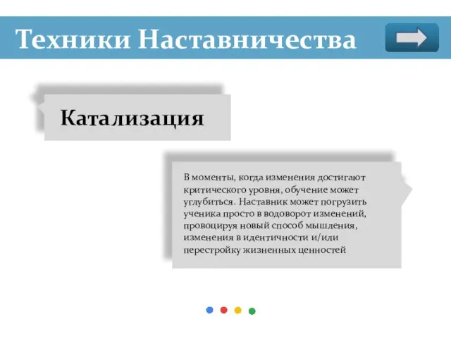 Техники Наставничества Катализация В моменты, когда изменения достигают критического уровня, обучение