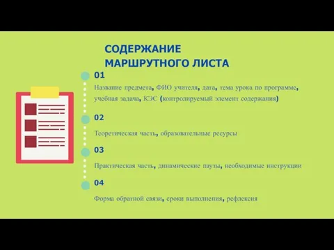 СОДЕРЖАНИЕ МАРШРУТНОГО ЛИСТА 01 Название предмета, ФИО учителя, дата, тема урока