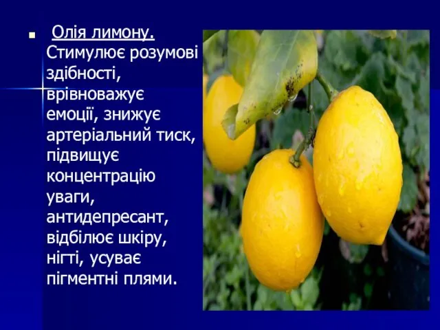 Олія лимону. Стимулює розумові здібності, врівноважує емоції, знижує артеріальний тиск, підвищує