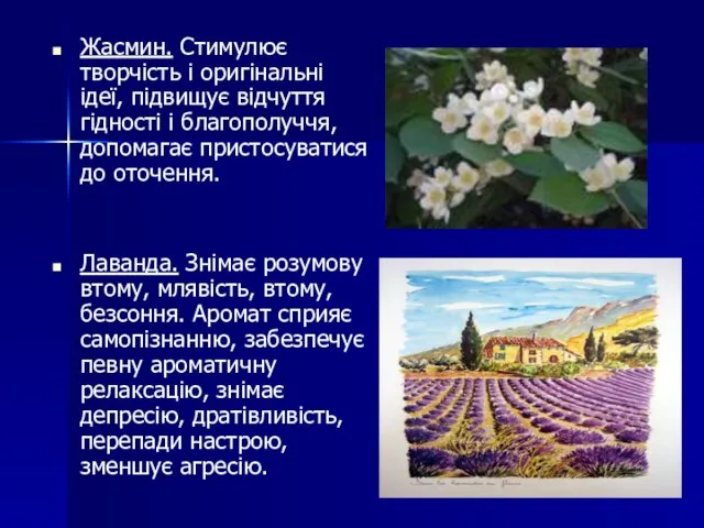 Жасмин. Стимулює творчість і оригінальні ідеї, підвищує відчуття гідності і благополуччя,