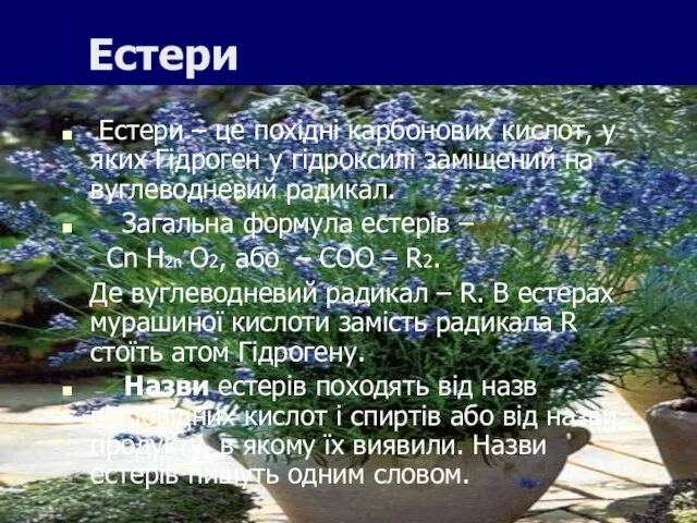 Естери Естери – це похідні карбонових кислот, у яких Гідроген у