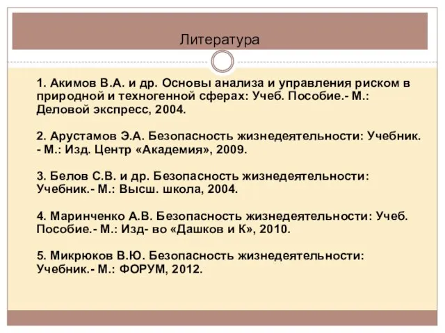 Литература 1. Акимов В.А. и др. Основы анализа и управления риском