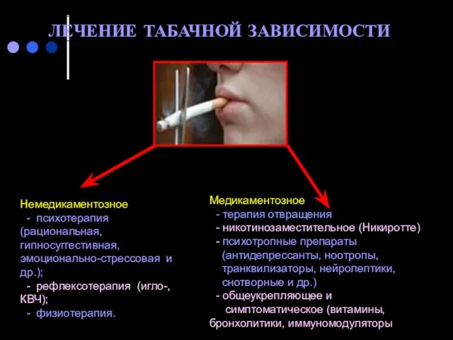 ЛЕЧЕНИЕ ТАБАЧНОЙ ЗАВИСИМОСТИ Немедикаментозное - психотерапия (рациональная, гипносуггестивная, эмоционально-стрессовая и др.);