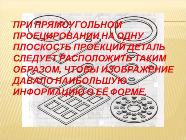 ПРИ ПРЯМОУГОЛЬНОМ ПРОЕЦИРОВАНИИ НА ОДНУ ПЛОСКОСТЬ ПРОЕКЦИЙ ДЕТАЛЬ СЛЕДУЕТ РАСПОЛОЖИТЬ ТАКИМ