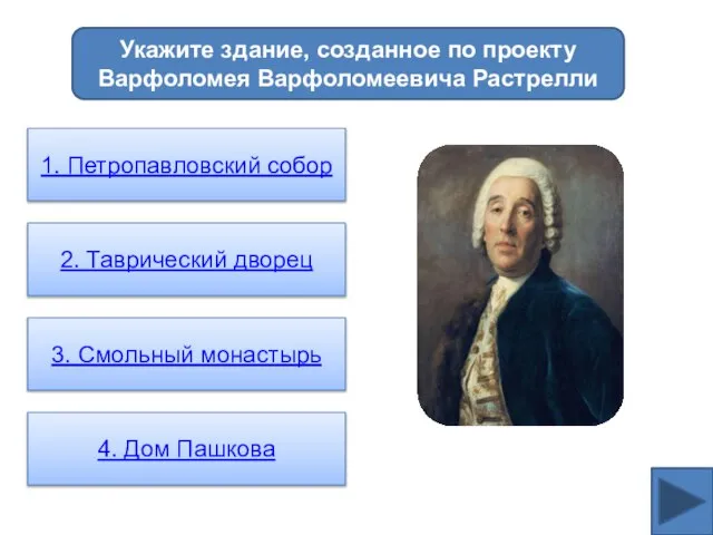 Укажите здание, созданное по проекту Варфоломея Варфоломеевича Растрелли 1. Петропавловский собор