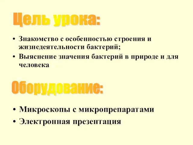 Знакомство с особенностью строения и жизнедеятельности бактерий; Выяснение значения бактерий в