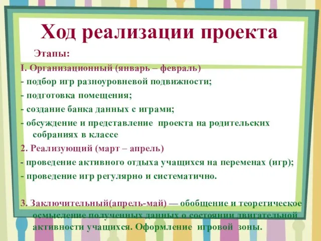 Ход реализации проекта Этапы: I. Организационный (январь – февраль) - подбор