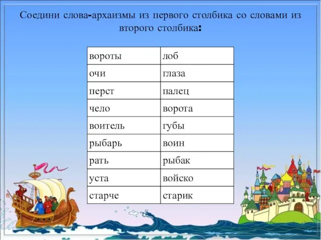 Соедини слова-архаизмы из первого столбика со словами из второго столбика: