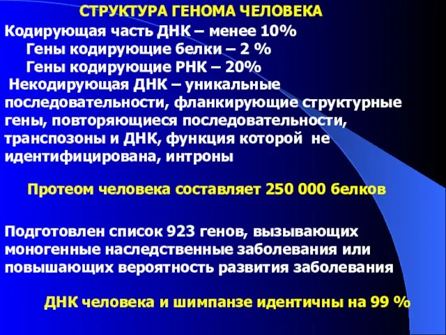 СТРУКТУРА ГЕНОМА ЧЕЛОВЕКА Кодирующая часть ДНК – менее 10% Гены кодирующие