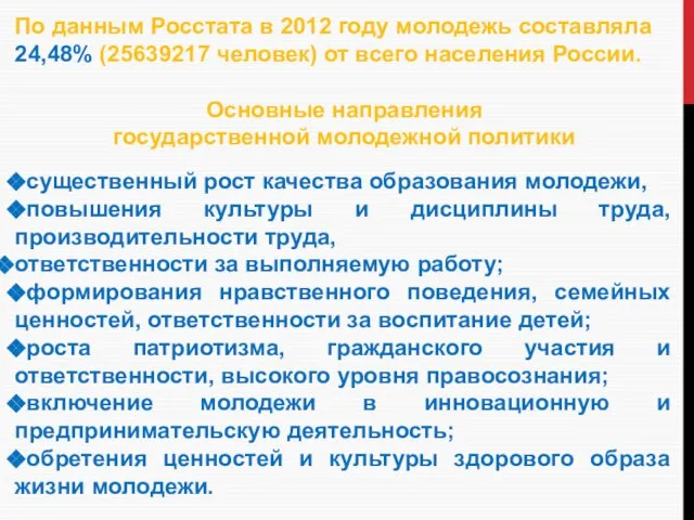 По данным Росстата в 2012 году молодежь составляла 24,48% (25639217 человек)