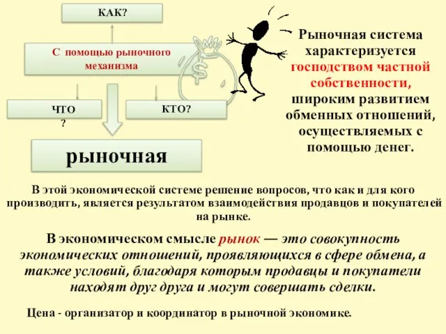 Рыночная система характеризуется господством частной собственности, широким развитием обменных отношений, осуществляемых