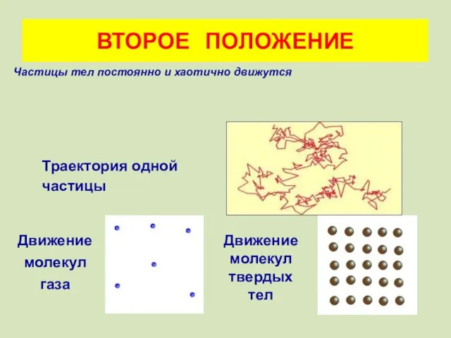 ВТОРОЕ ПОЛОЖЕНИЕ Траектория одной частицы Движение молекул газа Движение молекул твердых