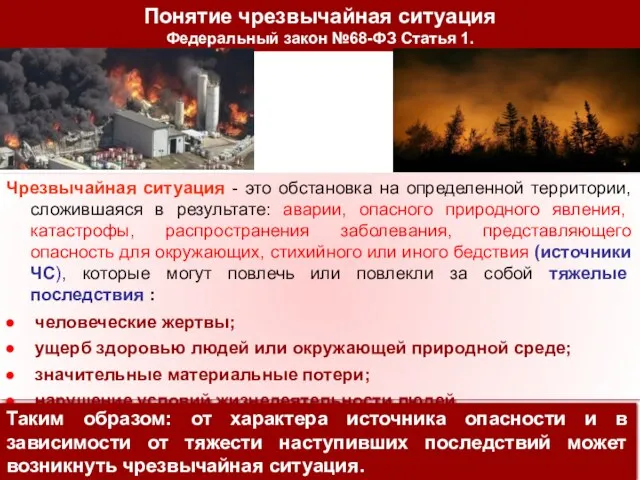 Понятие чрезвычайная ситуация Федеральный закон №68-ФЗ Статья 1. Чрезвычайная ситуация -