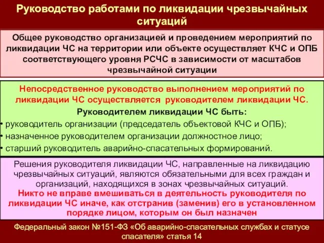 Руководство работами по ликвидации чрезвычайных ситуаций Общее руководство организацией и проведением