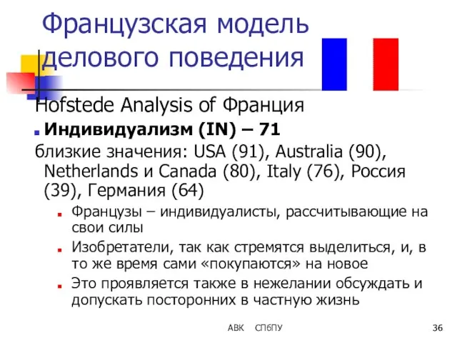 Французская модель делового поведения Hofstede Analysis of Франция Индивидуализм (IN) –