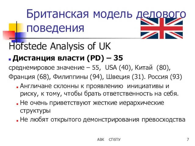 АВК СПбПУ Британская модель делового поведения Hofstede Analysis of UK Дистанция