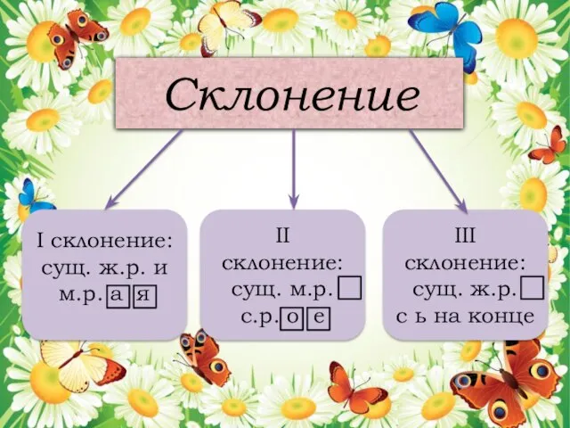 Склонение I склонение: сущ. ж.р. и м.р. а я II склонение: