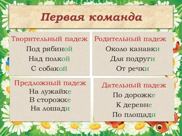 Первая команда Творительный падеж Под рябиной Над полкой С собакой Родительный