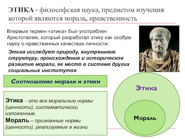 Соотношение морали и этики Этика – это все моральные нормы (ценности),