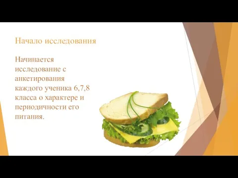 Начало исследования Начинается исследование с анкетирования каждого ученика 6,7,8 класса о характере и периодичности его питания.