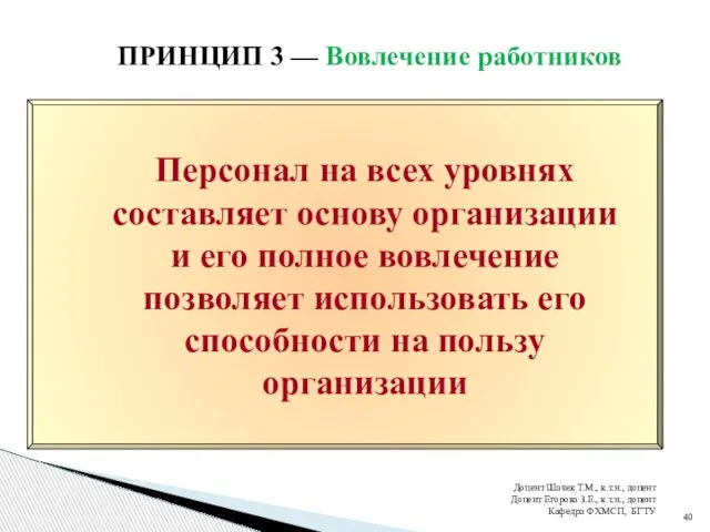 ПРИНЦИП 3 — Вовлечение работников Доцент Шачек Т.М., к.т.н., доцент Доцент