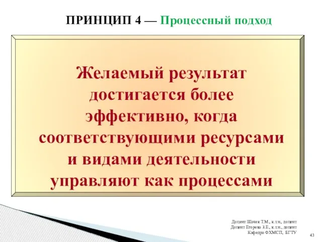 ПРИНЦИП 4 — Процессный подход Доцент Шачек Т.М., к.т.н., доцент Доцент