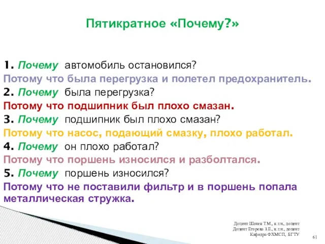 Пятикратное «Почему?» 1. Почему автомобиль остановился? Потому что была перегрузка и