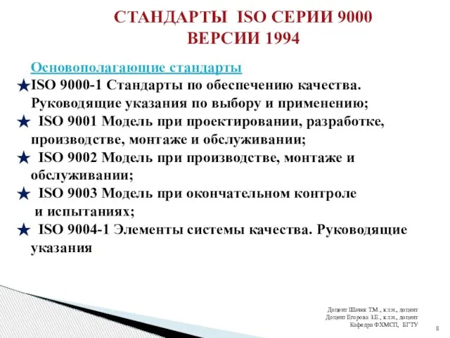 СТАНДАРТЫ ISO СЕРИИ 9000 ВЕРСИИ 1994 Основополагающие стандарты ISO 9000-1 Стандарты