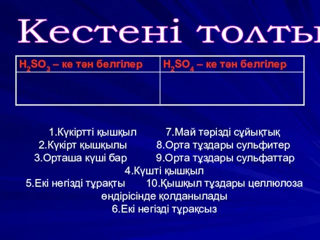 Кестені толтыр 1.Күкіртті қышқыл 7.Май тәрізді сұйықтық 2.Күкірт қышқылы 8.Орта тұздары