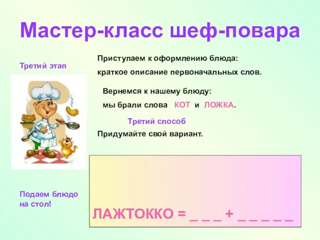 Мастер-класс шеф-повара Приступаем к оформлению блюда: краткое описание первоначальных слов. Третий