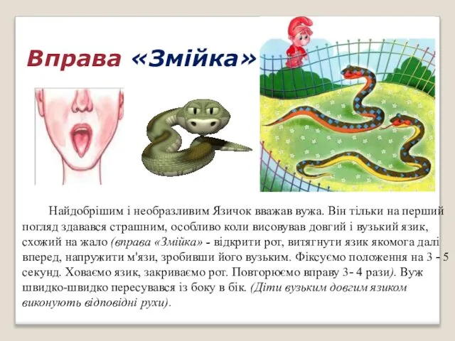 Вправа «Змійка» Найдобрішим і необразливим Язичок вважав вужа. Він тільки на