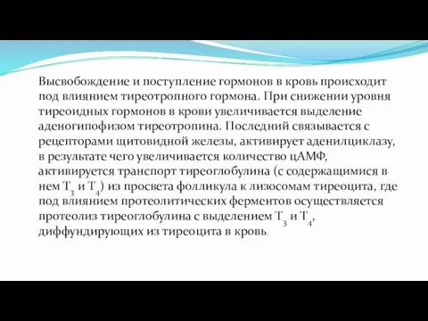 Высвобождение и поступление гормонов в кровь происходит под влиянием тиреотропного гормона.